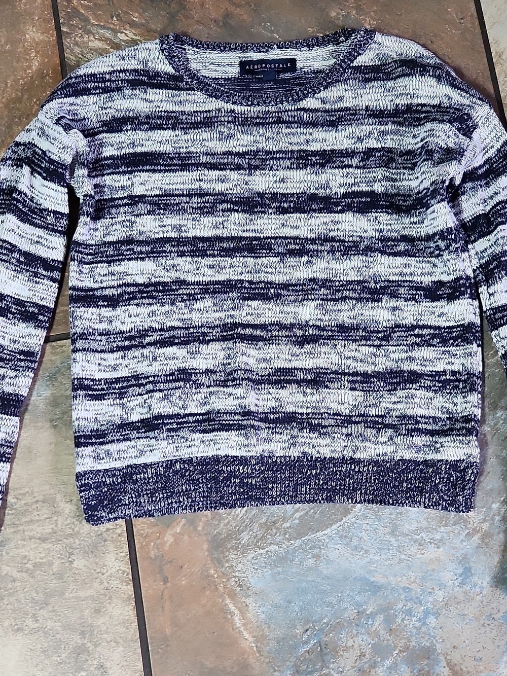 Aeropostale Men’s Navy & White Striped Crewneck Sweater